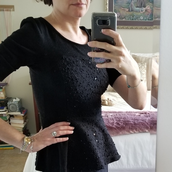 SOLD! Anthropologie Black Peplum Boucle Sequin Sweater - Picture 6 of 6